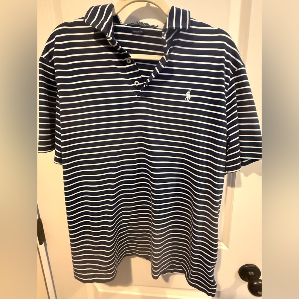 Polo Golf Men's Blue Striped Short Sleeve Smooth Cotton Polo Shirt Size L